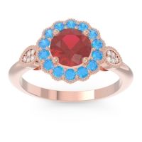Lab Ruby Engagement Ring In 14K Rose Gold With Swiss Blue Topaz And Diamond - Narayantra Round Antique Ring