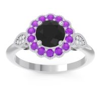 Black Onyx Engagement Ring In Palladium With Amethyst And Diamond - Narayantra Round Antique Ring