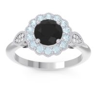 Black Onyx Engagement Ring In Palladium With Aquamarine And Diamond - Narayantra Round Antique Ring