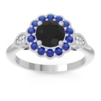 Black Onyx Engagement Ring In Palladium With Blue Sapphire And Diamond - Narayantra Round Antique Ring