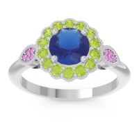 Lab Blue Sapphire Ring In 14k White Gold With Peridot And Pink Tourmaline Narayantra Round Antique Ring