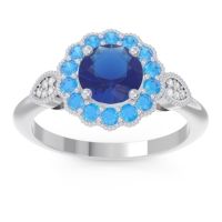 Lab Blue Sapphire Engagement Ring In Palladium With Swiss Blue Topaz And Diamond - Narayantra Round Antique Ring