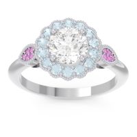 Lab Diamond Ring In 14k White Gold With Aquamarine And Pink Tourmaline Narayantra Round Antique Ring