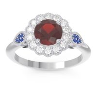 Garnet Ring In 14k White Gold With Lab Diamond And Blue Sapphire Narayantra Round Antique Ring