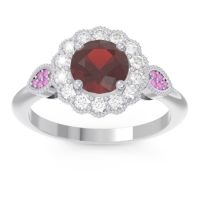 Garnet Ring In 18k White Gold With Lab Diamond And Pink Tourmaline Narayantra Round Antique Ring