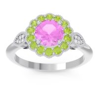 Pink Tourmaline Engagement Ring In 14k White Gold With Peridot And Diamond - Narayantra Round Antique Ring