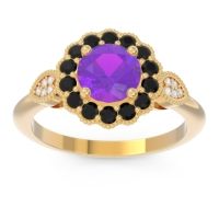 Amethyst Engagement Ring In 14k Yellow Gold With Black Onyx And Diamond - Narayantra Round Antique Ring