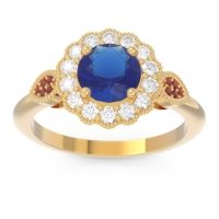 Lab Blue Sapphire Ring In 18k Yellow Gold With Lab Diamond And Garnet Narayantra Round Antique Ring