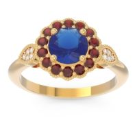 Lab Blue Sapphire Ring In 18k Yellow Gold With Garnet And Lab Diamond Narayantra Round Antique Ring
