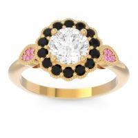 Lab Diamond Ring In 14k Yellow Gold With Black Onyx And Pink Tourmaline Narayantra Round Antique Ring
