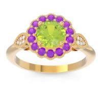 Peridot Engagement Ring In 18k Yellow Gold With Amethyst And Diamond - Narayantra Round Antique Ring