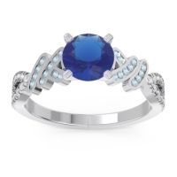 Lab Blue Sapphire Engagement Ring In Palladium With Aquamarine And Diamond - Granthi Round Modern Ring