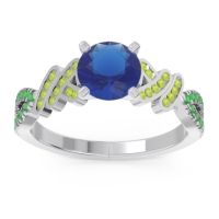 Lab Blue Sapphire Ring In Palladium With Peridot And Emerald Granthi Round Modern Ring