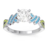 Lab Diamond Ring In Palladium With Swiss Blue Topaz And Peridot Granthi Round Modern Ring