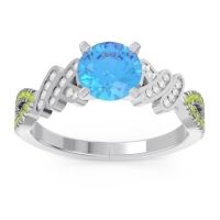 Swiss Blue Topaz Ring In Palladium With Lab Diamond And Peridot Granthi Round Modern Ring
