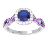 Lab Blue Sapphire Ring In Palladium With Lab Diamond And Amethyst Arenu Round Modern Ring