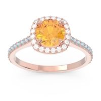 Citrine Ring In 14K Rose Gold With Diamond And Aquamarine Nakin Round Halo Ring