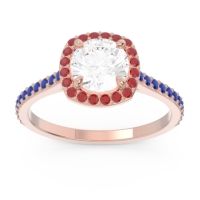Lab Diamond Ring In 18K Rose Gold With Ruby And Blue Sapphire Nakin Round Halo Ring