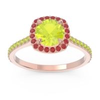 Peridot Ring In 18K Rose Gold With Ruby Nakin Round Halo Ring