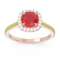 Lab Ruby Ring In 14K Rose Gold With Diamond And Peridot Nakin Round Halo Ring