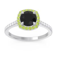 Black Onyx Engagement Ring In 14k White Gold With Peridot And Diamond - Nakin Round Halo Ring