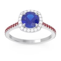 Lab Blue Sapphire Ring In 14k White Gold With Lab Diamond And Ruby Nakin Round Halo Ring