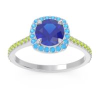 Lab Blue Sapphire Ring In Palladium With Swiss Blue Topaz And Peridot Nakin Round Halo Ring