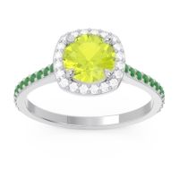 Peridot Ring In Palladium With Diamond And Emerald Nakin Round Halo Ring