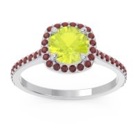 Peridot Ring In Palladium With Garnet Nakin Round Halo Ring