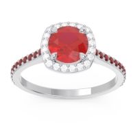 Lab Ruby Ring In Palladium With Diamond And Garnet Nakin Round Halo Ring