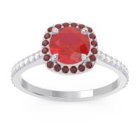 Lab Ruby Engagement Ring In Palladium With Garnet And Diamond - Nakin Round Halo Ring
