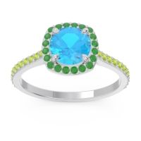 Swiss Blue Topaz Ring In 14k White Gold With Emerald And Peridot Nakin Round Halo Ring