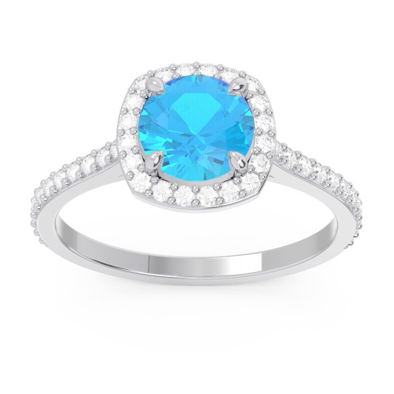 Halo Pave Nakin Swiss Blue Topaz Ring with Diamond & Diamond in 14k White Gold