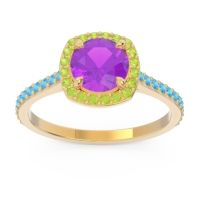 Amethyst Ring In 14k Yellow Gold With Peridot And Swiss Blue Topaz Nakin Round Halo Ring