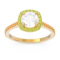 Lab Diamond Ring In 18k Yellow Gold With Peridot And Citrine Nakin Round Halo Ring