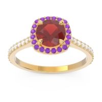 Garnet Engagement Ring In 18k Yellow Gold With Amethyst And Diamond - Nakin Round Halo Ring