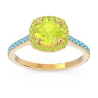 Peridot Ring In 14k Yellow Gold With Swiss Blue Topaz Nakin Round Halo Ring