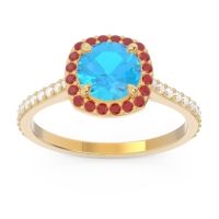 Swiss Blue Topaz Engagement Ring In 18k Yellow Gold With Ruby And Diamond - Nakin Round Halo Ring