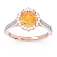 Citrine Ring In 14K Rose Gold With Diamond And Aquamarine Pulla Round Halo Ring