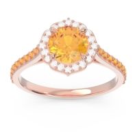 Citrine Ring In 14K Rose Gold With Diamond Pulla Round Halo Ring