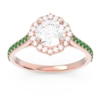 Lab Diamond Ring In 14K Rose Gold With Diamond And Emerald Pulla Round Halo Ring