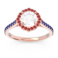 Lab Diamond Ring In 18K Rose Gold With Ruby And Blue Sapphire Pulla Round Halo Ring