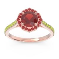 Garnet Ring In 14K Rose Gold With Ruby And Peridot Pulla Round Halo Ring