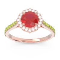 Lab Ruby Ring In 14K Rose Gold With Diamond And Peridot Pulla Round Halo Ring