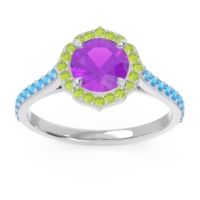 Amethyst Ring In Palladium With Peridot And Swiss Blue Topaz Pulla Round Halo Ring