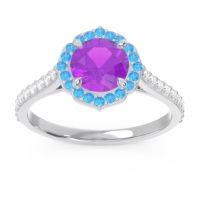 Amethyst Engagement Ring In 14k White Gold With Swiss Blue Topaz And Diamond - Pulla Round Halo Ring
