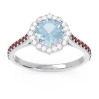 Aquamarine Ring In 14k White Gold With Lab Diamond And Garnet Pulla Round Halo Ring