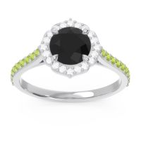 Black Onyx Ring In 14k White Gold With Diamond And Peridot Pulla Round Halo Ring