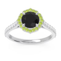 Black Onyx Engagement Ring In 14k White Gold With Peridot And Diamond - Pulla Round Halo Ring
