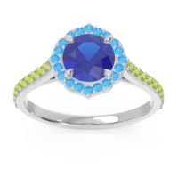 Lab Blue Sapphire Ring In Palladium With Swiss Blue Topaz And Peridot Pulla Round Halo Ring